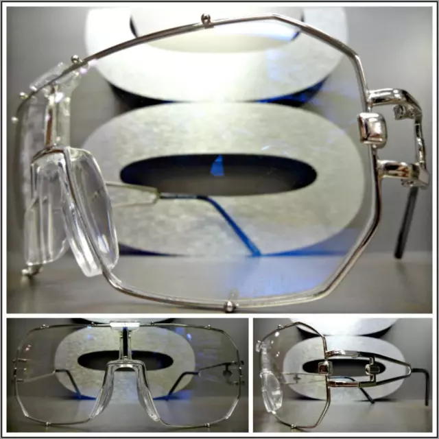 OVERSIZED VINTAGE RETRO SHIELD Style Clear Lens EYE GLASSES Large Silver Frame