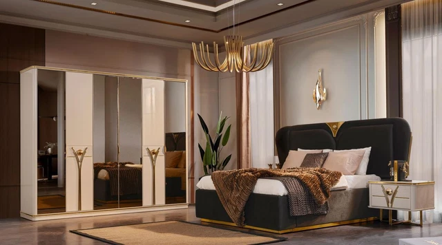 Luxe Chambre à Coucher Lit Double Ensemble Lit Moderne Gris Set 4tlg Beige