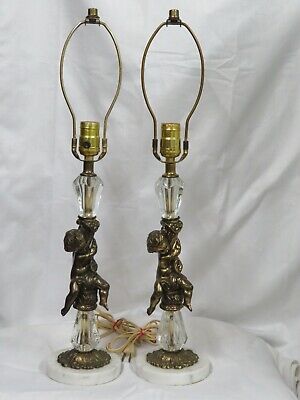 Vtg Antique Marble  Bronze/Brass Crystal Table Lamp PAIR 16.5"-24" Tall ~ Italy