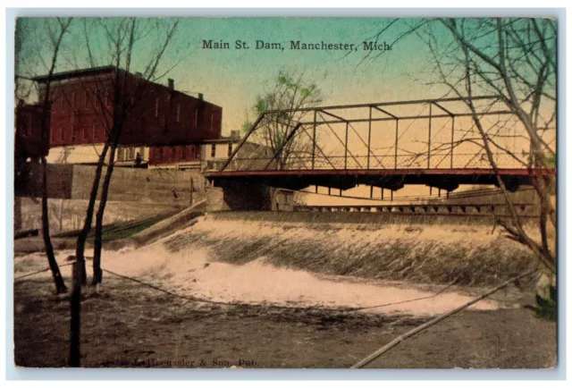 1911 Main St. Dam Bridge Scene Manchester Michigan MI Antique Posted Postcard