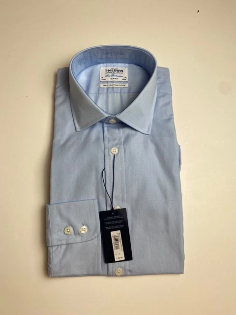 T.M. Camicia Lewin blu poplin 15"" - 34"" aderente polsino con bottoni
