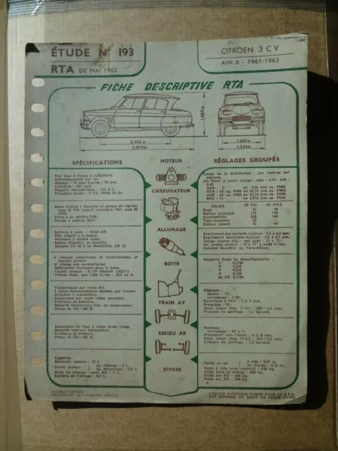 Fiche technique descriptive RTA - Citroën 3 CV AMI 6  1961 1962 -  n° 193