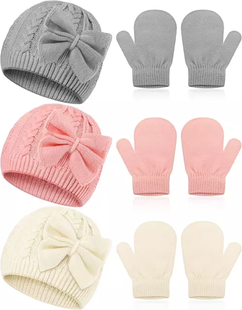 3 Set Toddler Hat Glove Set, Kids Winter Hats Warm Knitted Beanie Mittens Gloves