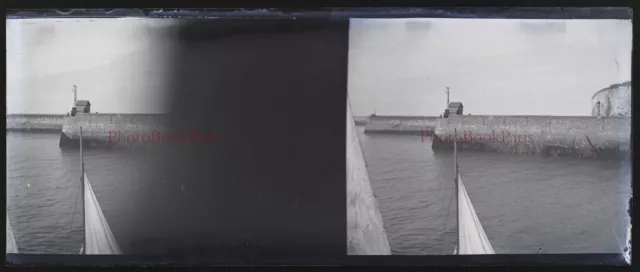 Port Voilier c1930 Photo NEGATIVE Plaque de verre Stereo Vintage V33L25n1