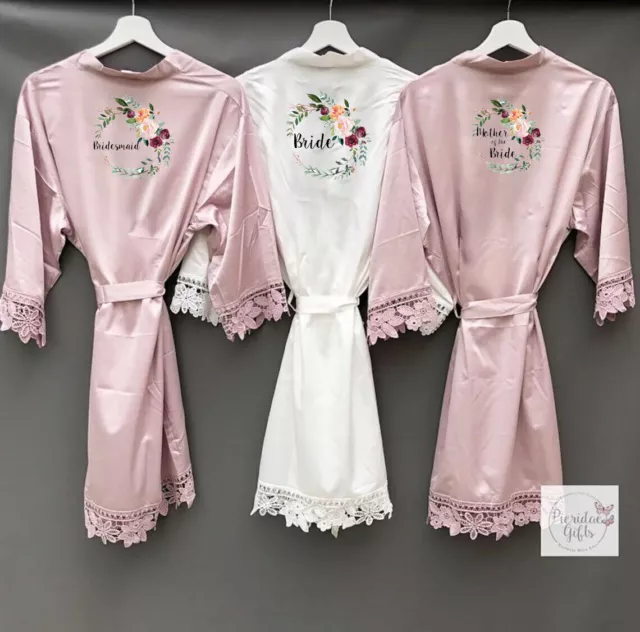 Bridal Wedding Satin Kimono Robe Short PJS Lace Personalised Bridesmaid Floral