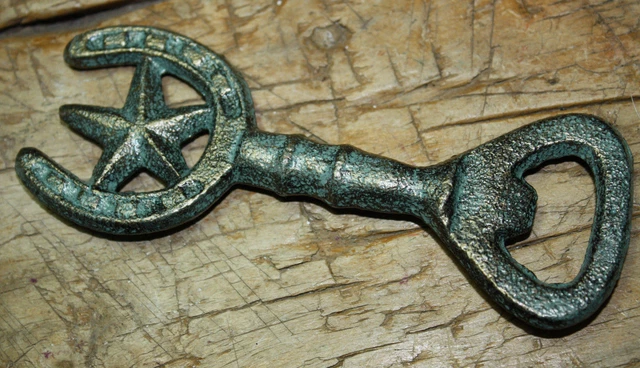 Cast Iron Rustic HORSESHOE STAR Beer Bottle Opener Hand Western Cowboy Texas