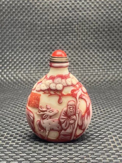 Chinese Handmade Peking Glass Snuff Bottle With Longevity God and Deer carving