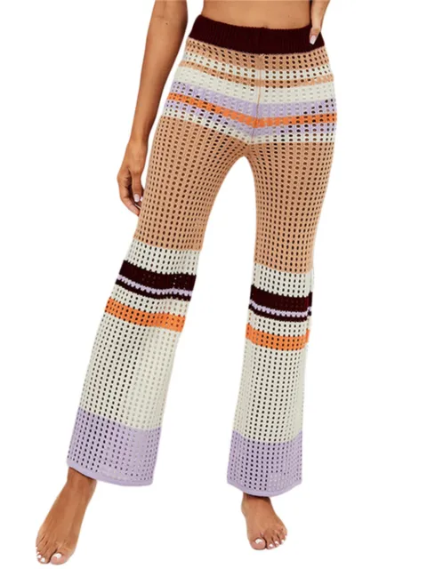 LOVEU.DEAR Knitted Crochet Beach Casual Pants Women M Elastic Waist Color Block
