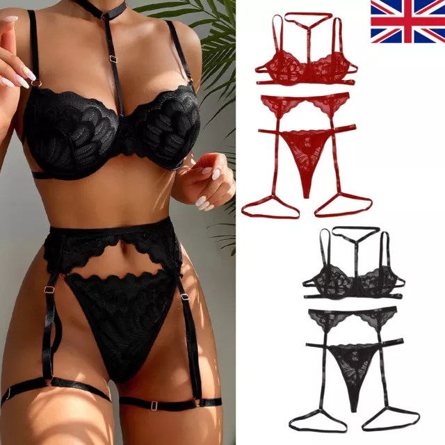 Black Lace Three Piece Underwear Set. Bra,Thong & Garter Belt. Sexy Lingerie UK