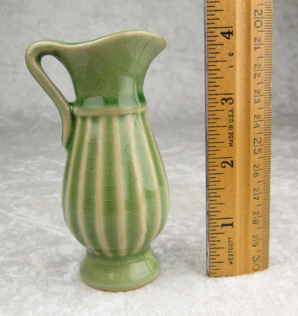 VINTAGE STANGL POTTERY Miniature Ribbed Green Pitcher Vase 4 in Tall