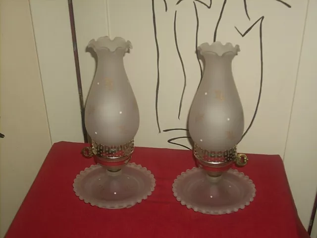 Vtg Pair Frosted Glass Candlewick Boudoir Hurricane Table Lamps Chimney Shades