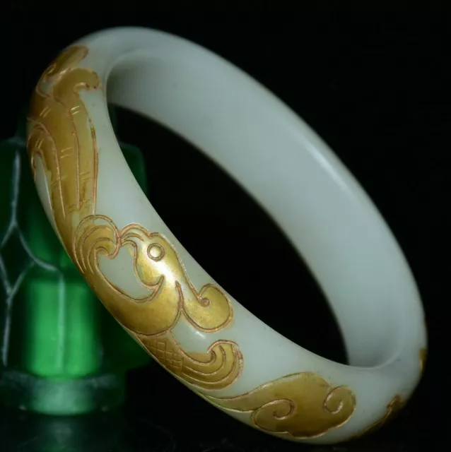 Old Chinese Han Dynasty Natural White Jade Gilt Carved Phoenix Bracelet Bangle