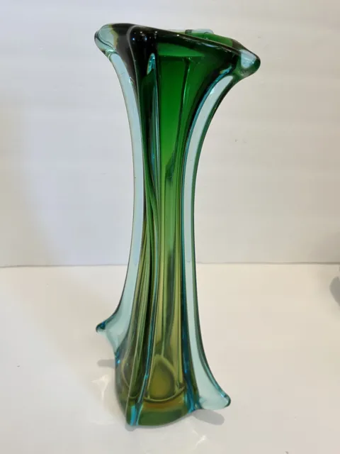 Large 13” Murano Sommerso Blue Green Glass Vase