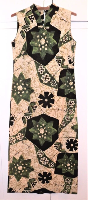 PRISTINE Vintage HAWAIIAN BARKCLOTH Long MAXI DRESS Sze 8 Green Black Gold Beige