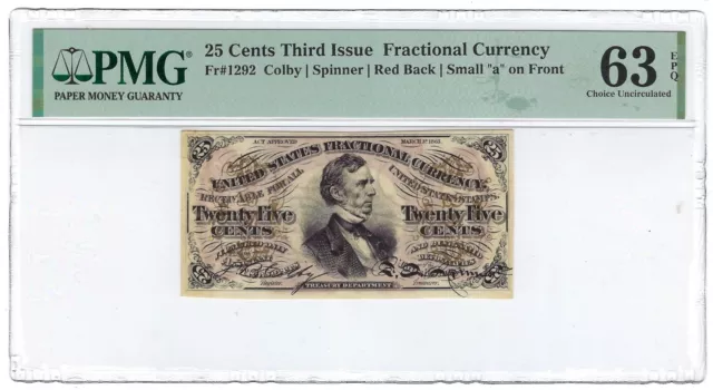 25 Cents Third Issue PMG 63 EPQ Fractional Currency Note Fr. 1292 Uncirculated