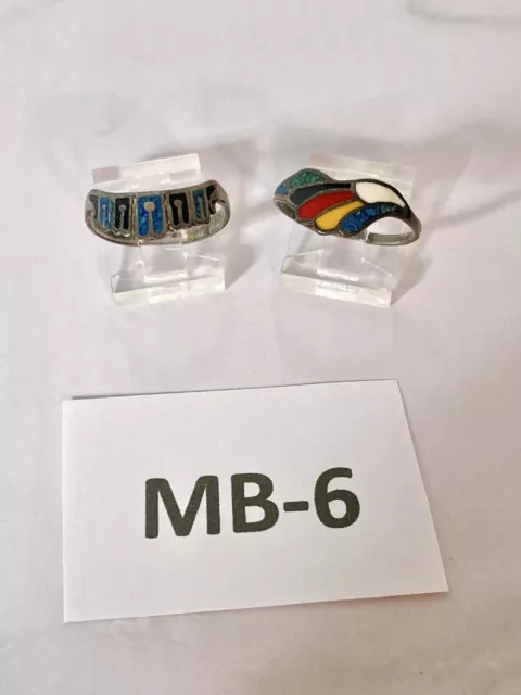Sterling Silver Tr58 925 Vintage Taxco Inlay Stone Feather Ring & Crown Ring