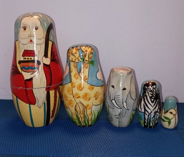 Set of 5 Noah's Ark Wooden Nesting Dolls-Vintage Complete Set