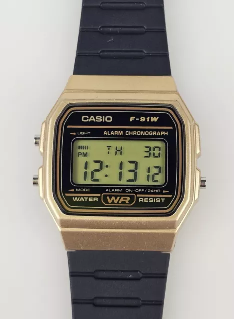 Orologio da polso Casio Allarme Cronografo F-91W 593 Toni Oro Nero Testato Funzionante