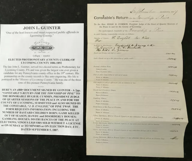1887 Signed Pine Lycoming Co Pa Police Constable Report Illegal Gambling Doc