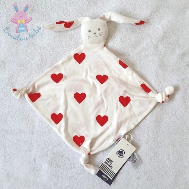 NEUF - Doudou plat Lapin tissu blanc rouge cœurs PETIT BATEAU