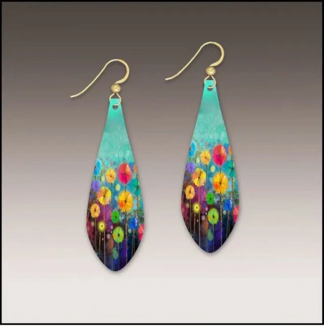 DC Designs FLOWERS ON TEAL Earrings 27NLE Wearable Art 14K Gold Filled