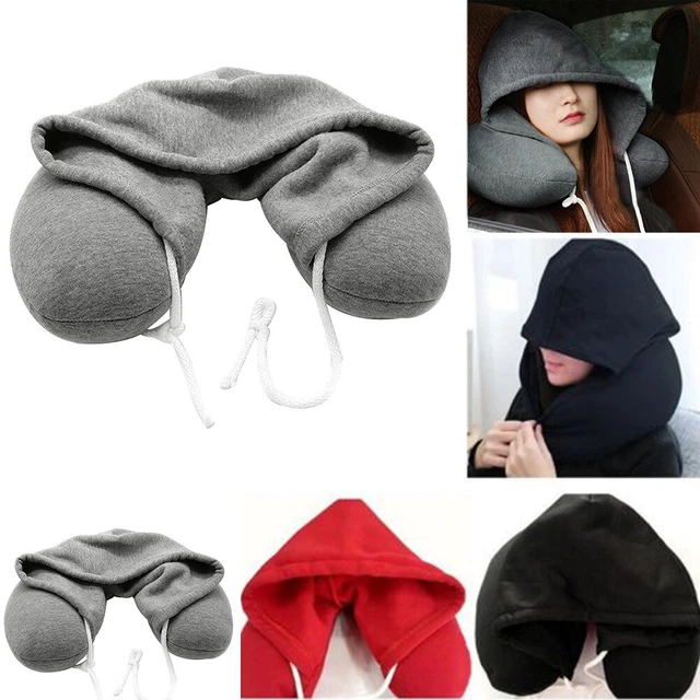 Adults Portable Solid Neck Pillow U-shaped Drawstring Microbeads Hooded Travel