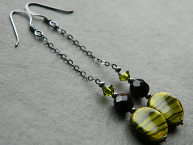 Vintage Green & Black Striped Glass Beads, French Jet & Oxidised Silver Earrings