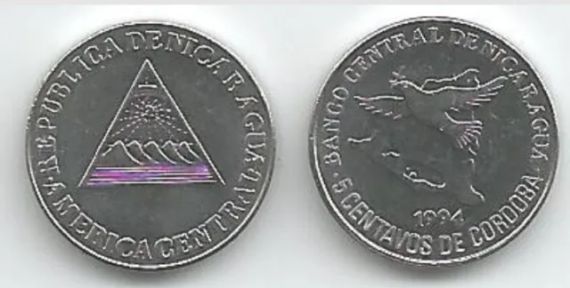 🔥100 Lot🔥Nicaragua 5 Centavos 1994 Unc Bird ,National Emblem. Chromium Plated