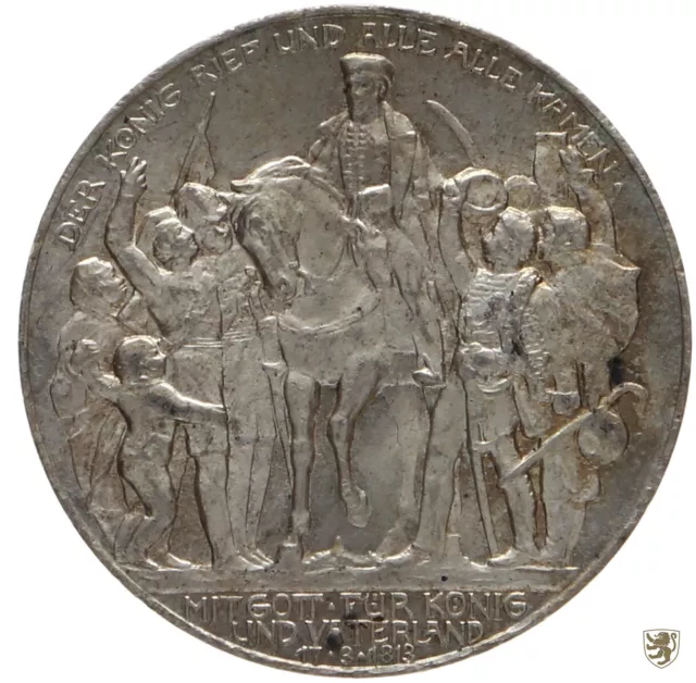 PREUSSEN, 3 Mark, 1913, Wilhelm II., 100 Jahre Befreiungskriege, Jg 110, vz/st