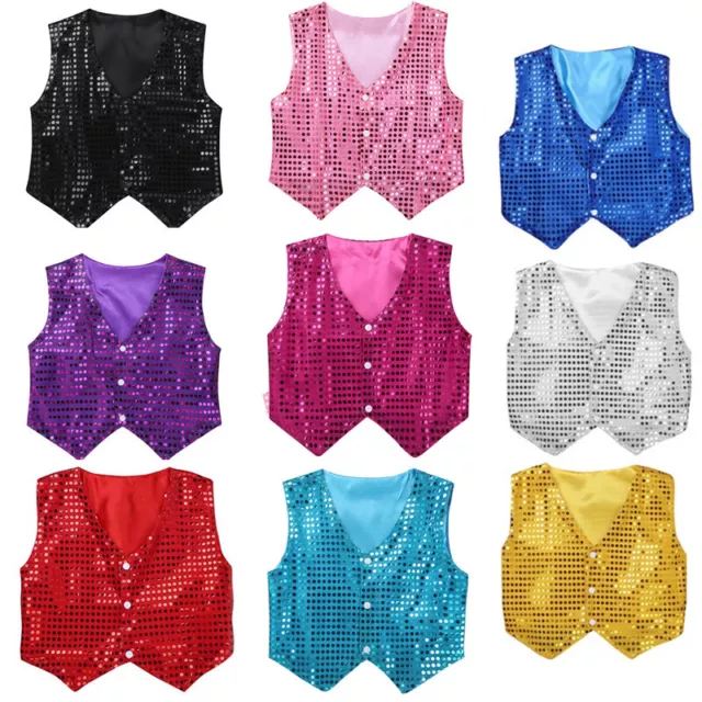 UK Boys Girls Sequins Vest Shirt Waistcoat Jacket Jazz Hip Hop Street Dance Top