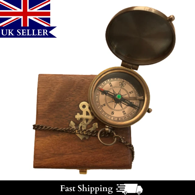 Antique Nautical Brass Engraved Pocket Compass with Free Anchor Wooden Box