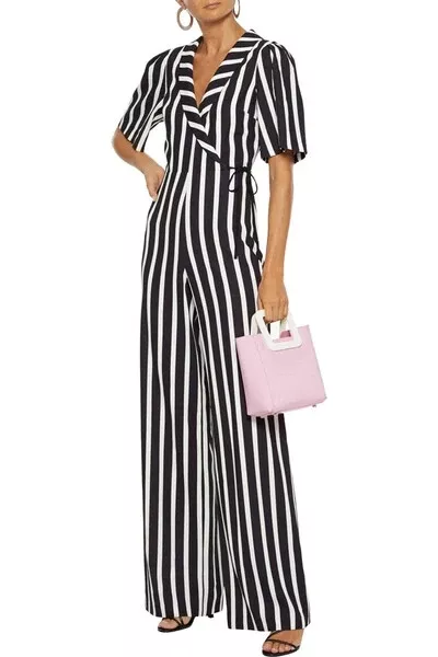 $495 ALICE + OLIVIA "Luana" wrap effect black white stripe wide leg jumpsuit 2