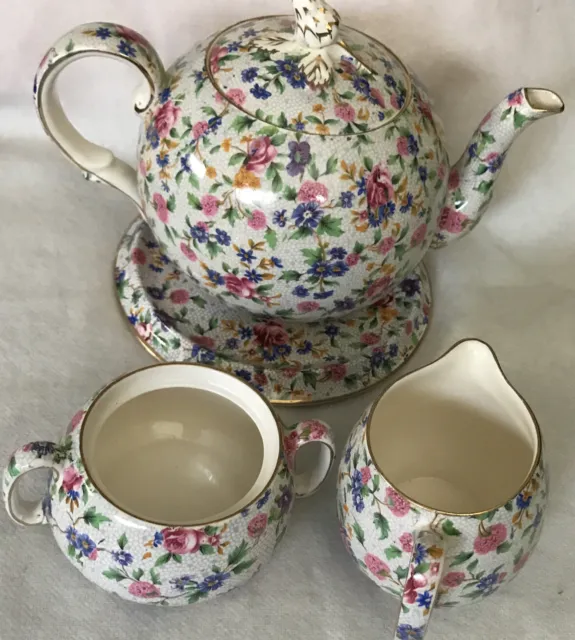 Vintage Royal Winton Grimwades Old Cottage Chintz TeaPot Tile Cream Sugar Set