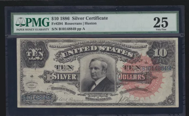 US 1886 $10 Tombstone Silver Certificate FR 294 PMG 25 VF (-849)