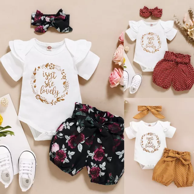 Newborn Baby Girls Ruffles Letter Print Bodysuit Romper+Dot Shorts Outfits