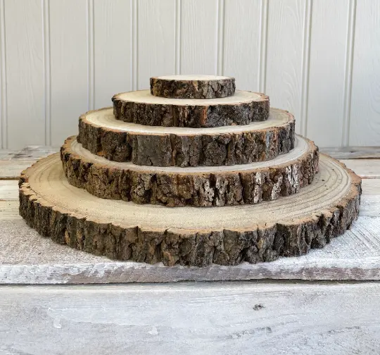 Rustic Wooden Log Slice Tree Bark Wedding Table Centerpiece Cake Stand