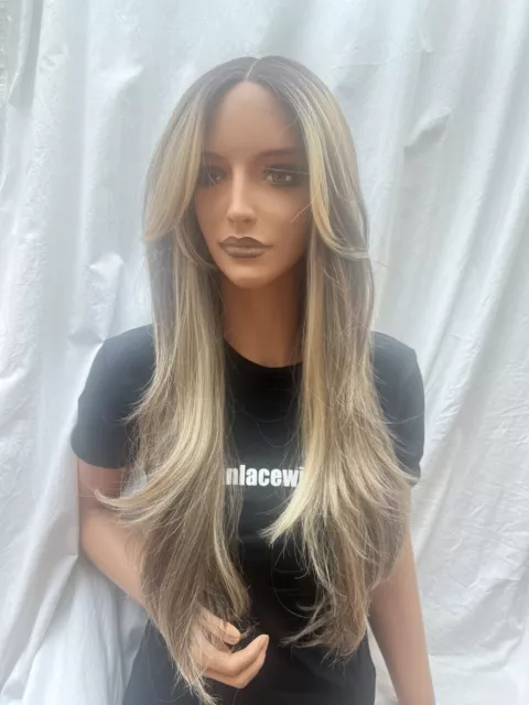 Synthetic Lace Front Wig Brown Blonde Highlights Curtain Bangs Fringe R-ASHLEY