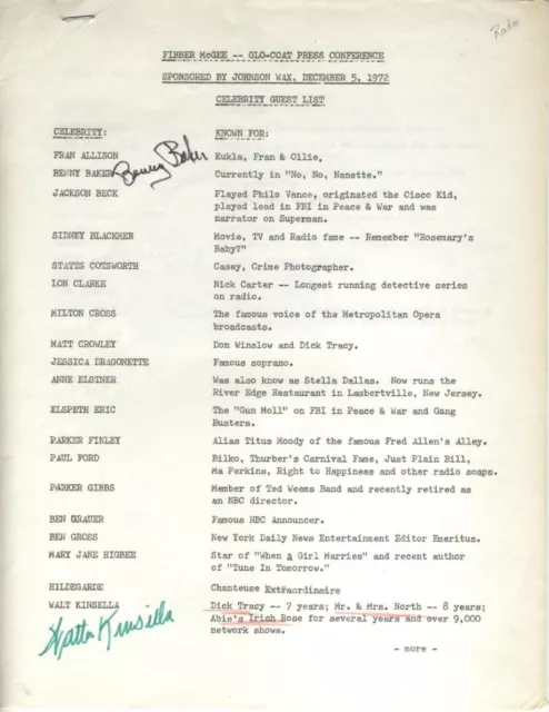 1972 Fibber Mcgee Autographs Johnson Wax Celebrity Guest List Signed