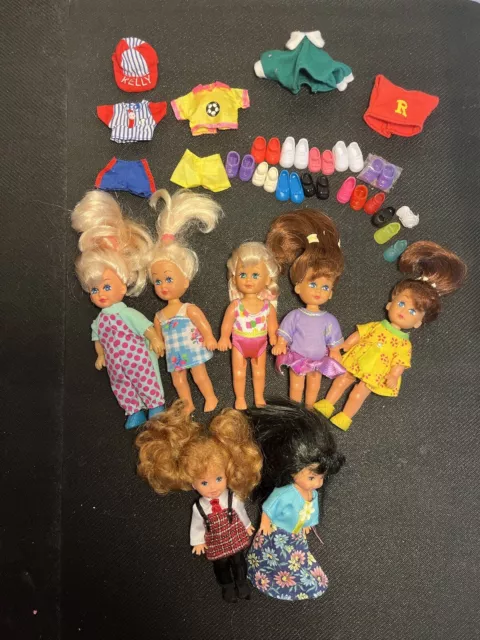 Lot of 7 Kelly Barbie Little Sister Dolls w/ Clothes + Kid Kore  + Shoes