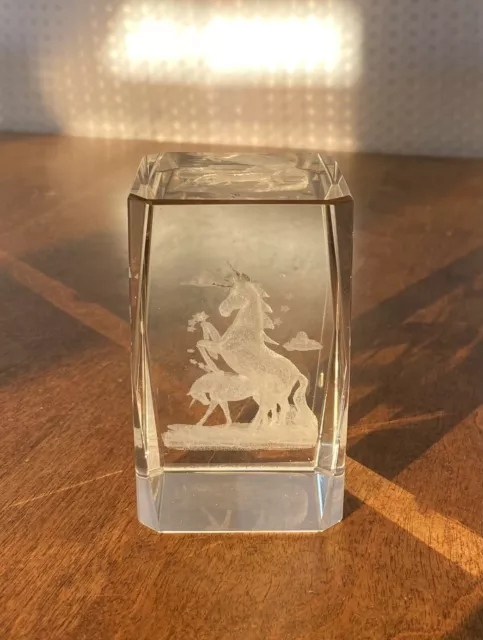 Crystal Glass Paperweight 3D Laser Etched Unicorn In 3" X 2"