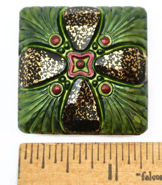 XXL 34mm Vintage Czech Glass FOCAL 3D SQUARE Green Red Gold Fleck Cross Button