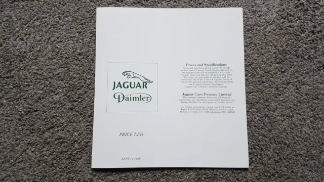 Jaguar Daimler Price List Sales Brochure Sept 1989