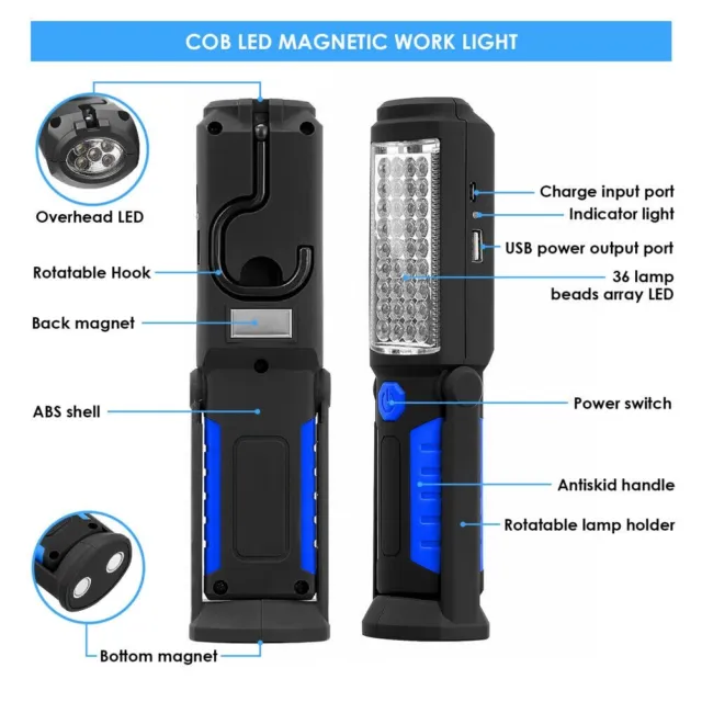 USB Rechargeable Hand Torch Magnetic Work Light 36+5LED Inspection Lamp