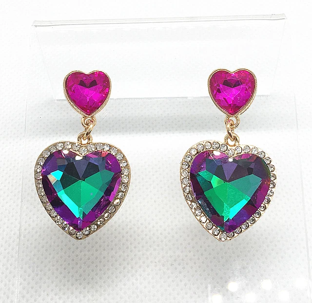 Betsey Johnson Rose Pink Green Heart Crystal Rhinestone Dangle Stud Earrings