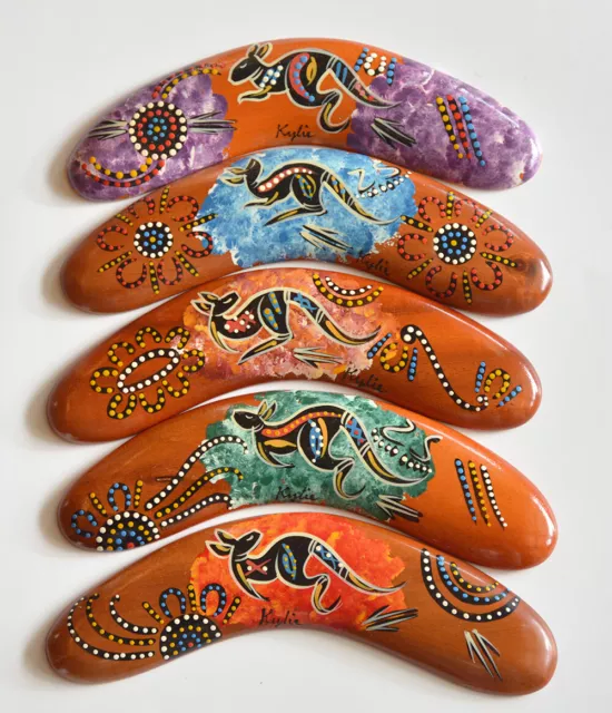 5 x Australian Handcrafted-Painted Boomerang Aboriginal Art - Quality Timber- 8"