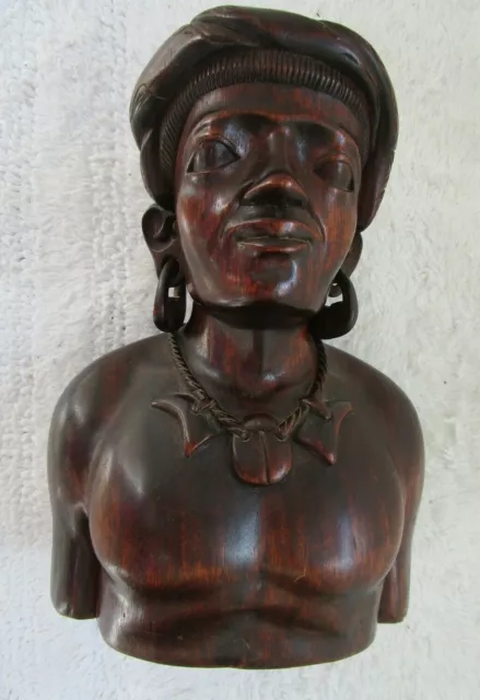 Vintage 1970's Hand Carved Wooden Native Tahitian Bust Sculpture 10" Tall