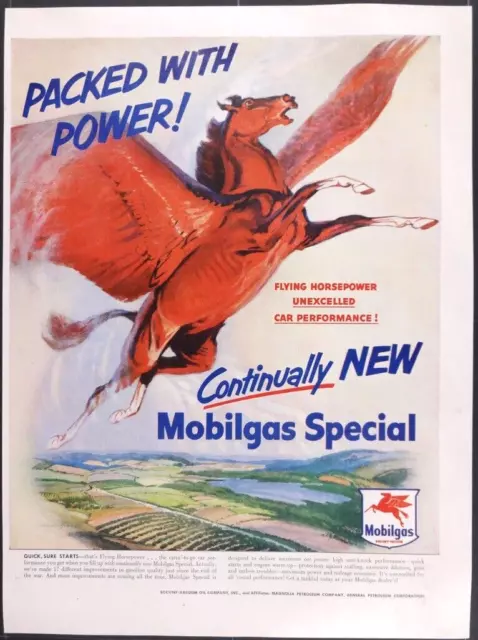 Vintage Magazine Ad 1950 Mobilgas Flying Red Horse Pegasus Packed with Power