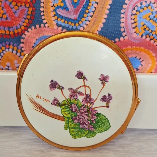 Vintage Stratton England Purple Floral Flower Enamel Gold Compact Mirror Makeup