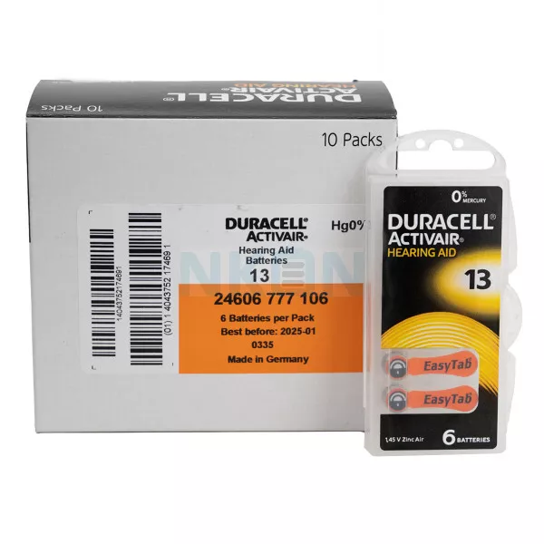 Duracell Activair Hearing Aid Batteries size 13 PR48 ORANGE 30/60 batteries