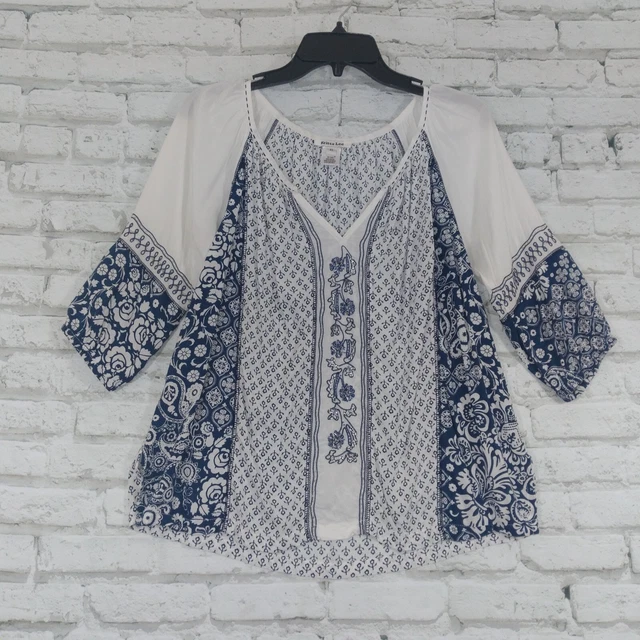 Krista Lee Women Blouse XS White Blue Embroidered Floral V Neck 3/4 Sleeve Boho